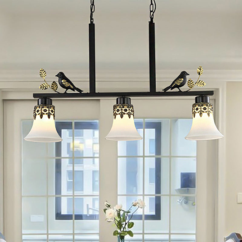 Bell Dining Room Island Pendant Light Classic Frosted Glass 3 Lights Black Hanging Lamp Kit with Birds Clearhalo 'Ceiling Lights' 'Glass shade' 'Glass' 'Island Lights' Lighting' 249812