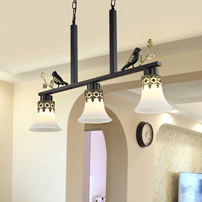 Bell Dining Room Island Pendant Light Classic Frosted Glass 3 Lights Black Hanging Lamp Kit with Birds Clearhalo 'Ceiling Lights' 'Glass shade' 'Glass' 'Island Lights' Lighting' 249813