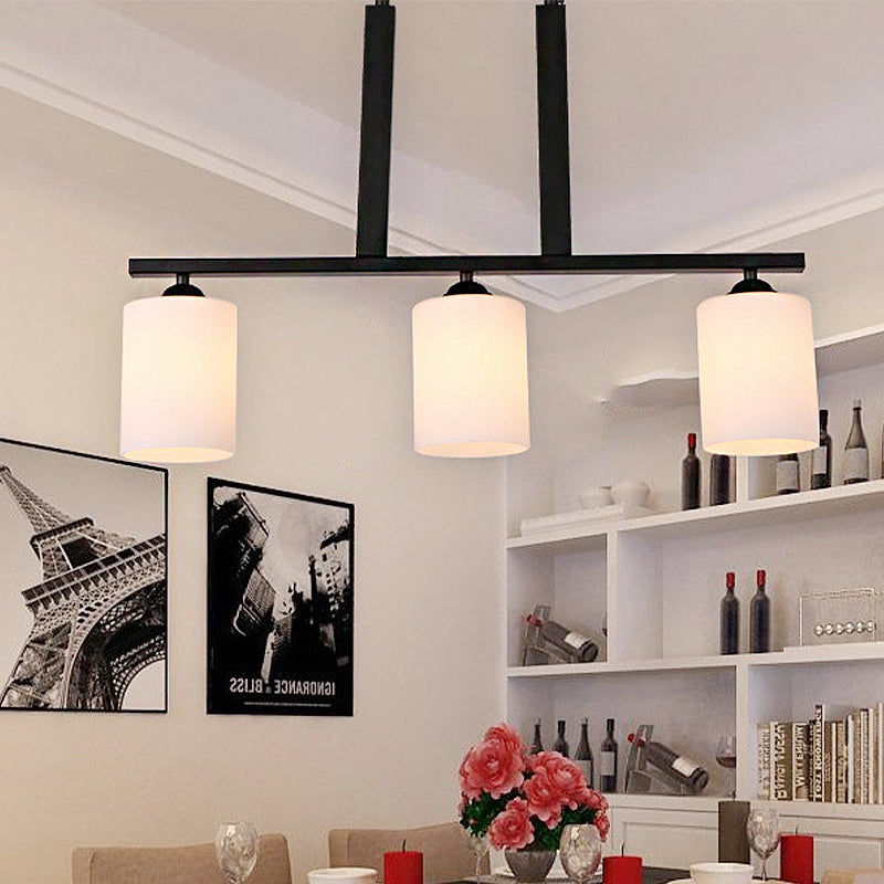 Frosted Glass Black Island Pendant Barrel 3 Lights Traditional Hanging Light Kit for Dining Room Black Clearhalo 'Ceiling Lights' 'Glass shade' 'Glass' 'Island Lights' Lighting' 249815