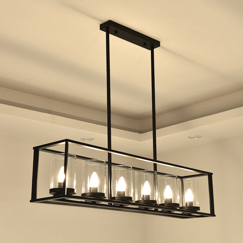 5/6 Lights Dining Room Hanging Light Kit Classic Black Island Lighting with Cylinder Clear Glass Shade Clearhalo 'Ceiling Lights' 'Glass shade' 'Glass' 'Island Lights' Lighting' 249835