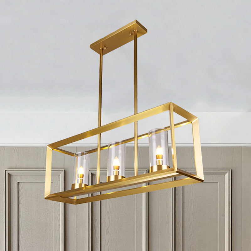 Classic Rectangle Hanging Pendant Light 3/4/5 Lights Clear Glass Island Lighting in Gold for Dining Room 3 Gold Clearhalo 'Ceiling Lights' 'Glass shade' 'Glass' 'Island Lights' Lighting' 249846