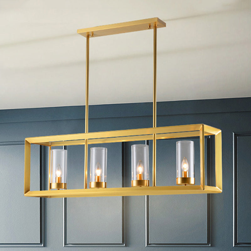 Classic Rectangle Hanging Pendant Light 3/4/5 Lights Clear Glass Island Lighting in Gold for Dining Room 4 Gold Clearhalo 'Ceiling Lights' 'Glass shade' 'Glass' 'Island Lights' Lighting' 249847