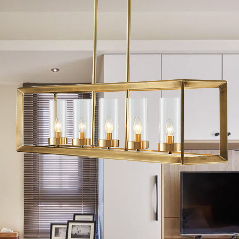 Classic Rectangle Hanging Pendant Light 3/4/5 Lights Clear Glass Island Lighting in Gold for Dining Room 5 Gold Clearhalo 'Ceiling Lights' 'Glass shade' 'Glass' 'Island Lights' Lighting' 249849