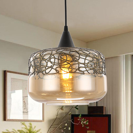 Amber Glass Drum Pendant Lighting Contemporary 1 Head Hanging Lamp Kit for Living Room Amber Clearhalo 'Ceiling Lights' 'Glass shade' 'Glass' 'Pendant Lights' 'Pendants' Lighting' 249891