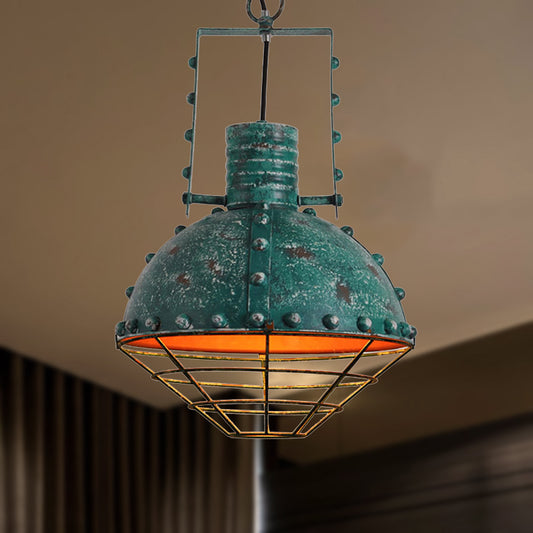 Domed Metal Ceiling Hanging Light Wrought Iron 1 Light Dining Room Pendant Lamp with Wire Guard and Rivets in Black/Green Green Clearhalo 'Art Deco Pendants' 'Black' 'Cast Iron' 'Ceiling Lights' 'Ceramic' 'Crystal' 'Industrial Pendants' 'Industrial' 'Metal' 'Middle Century Pendants' 'Pendant Lights' 'Pendants' 'Rustic Pendants' 'Tiffany' Lighting' 250020