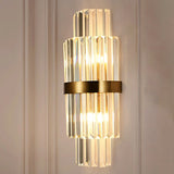 Cylinder Wall Lighting Fixture Modernist Clear Crystal 2 Lights Golden Sconce Lamp for Living Room, 18"/21.5" Height Gold Clearhalo 'Modern wall lights' 'Modern' 'Wall Lamps & Sconces' 'Wall Lights' Lighting' 250165