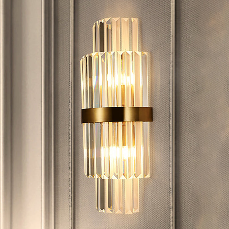 Cylinder Wall Lighting Fixture Modernist Clear Crystal 2 Lights Golden Sconce Lamp for Living Room, 18"/21.5" Height Clearhalo 'Modern wall lights' 'Modern' 'Wall Lamps & Sconces' 'Wall Lights' Lighting' 250166