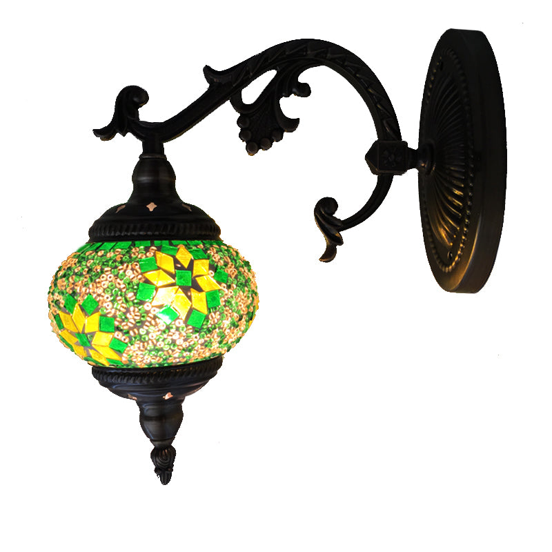 Armed Wall Lighting Traditional Metal 1 Bulb Bronze Sconce Light Fixture with Global Green Glass Shade Clearhalo 'Wall Lamps & Sconces' 'Wall Lights' Lighting' 250218