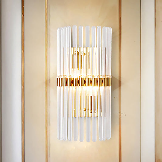 Cylinder Clear Crystal Sconce Lighting Modernism Stylish 2 Lights Gold Finish Wall Light for Living Room Gold Clearhalo 'Modern wall lights' 'Modern' 'Wall Lamps & Sconces' 'Wall Lights' Lighting' 250268