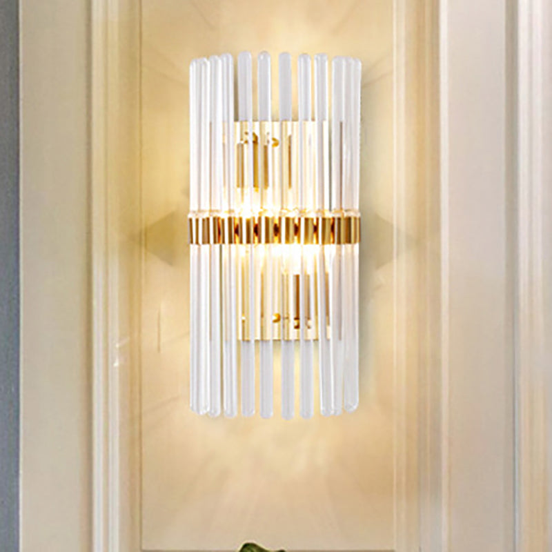 Cylinder Clear Crystal Sconce Lighting Modernism Stylish 2 Lights Gold Finish Wall Light for Living Room Clearhalo 'Modern wall lights' 'Modern' 'Wall Lamps & Sconces' 'Wall Lights' Lighting' 250269