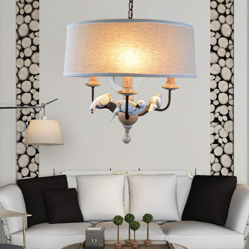 3 Lights Drum Hanging Light with Pigeon Fabric Chandelier in White for Dining Room Clearhalo 'Ceiling Lights' 'Pendant Lights' 'Pendants' Lighting' 250275