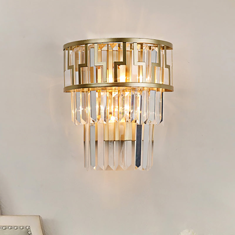 Modernism Layered Wall Lamp Clear Crystal 2 Lights Bedside Wall Sconce Fixture in Brass Brass Clearhalo 'Modern wall lights' 'Modern' 'Wall Lamps & Sconces' 'Wall Lights' Lighting' 250354