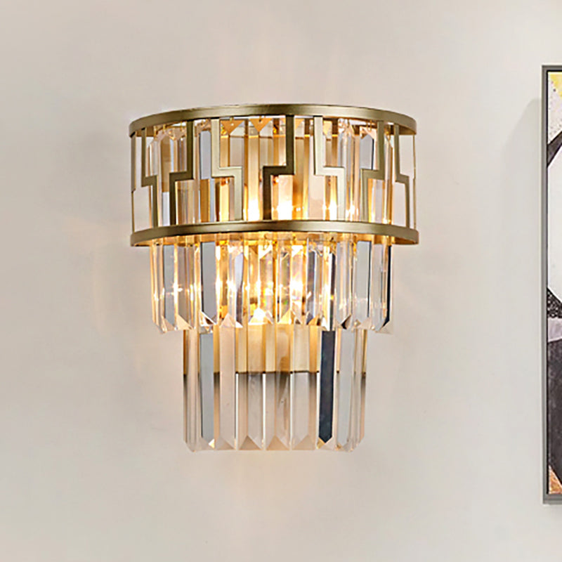 Modernism Layered Wall Lamp Clear Crystal 2 Lights Bedside Wall Sconce Fixture in Brass Clearhalo 'Modern wall lights' 'Modern' 'Wall Lamps & Sconces' 'Wall Lights' Lighting' 250355