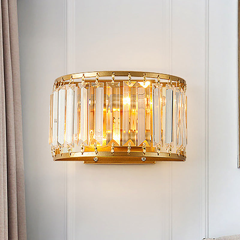 Drum Shaped Wall Sconce Fixture Modern Style Clear Crystal 1 Light Living Room Sconce Lighting in Brass Clearhalo 'Modern wall lights' 'Modern' 'Wall Lamps & Sconces' 'Wall Lights' Lighting' 250361