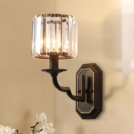 Cylindrical Wall Lighting Fixture Vintage Metallic 1 Head Black Wall Mount Lamp with Clear Faceted Crystal Black Clearhalo 'Modern wall lights' 'Modern' 'Wall Lamps & Sconces' 'Wall Lights' Lighting' 250362