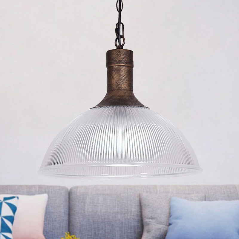 Rust/Black Dome Ceiling Light Industrial Ribbed Glass 1 Light Living Room Pendant Lighting Fixture Clearhalo 'Ceiling Lights' 'Glass shade' 'Glass' 'Industrial Pendants' 'Industrial' 'Middle Century Pendants' 'Pendant Lights' 'Pendants' 'Tiffany' Lighting' 250381