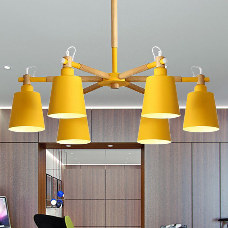 Baby Bedroom Bucket Chandelier Metal Wood 6 Lights Macaron Loft Suspension Light Yellow Clearhalo 'Ceiling Lights' 'Chandeliers' Lighting' options 250429_17104a5a-c6f1-4ef9-9095-c0c67d82b0b9
