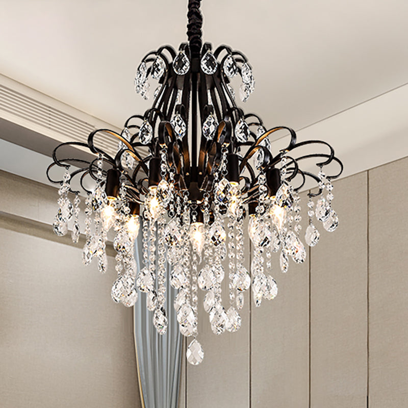 Teardrop Crystal Chandelier Light Vintage 3/7 Lights Black Ceiling Hanging Fixture with Curved Arms 7 Black Clearhalo 'Ceiling Lights' 'Chandeliers' 'Modern Chandeliers' 'Modern' Lighting' 250439