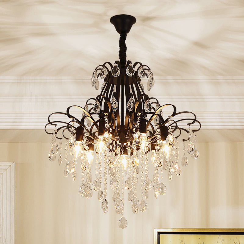 Teardrop Crystal Chandelier Light Vintage 3/7 Lights Black Ceiling Hanging Fixture with Curved Arms Clearhalo 'Ceiling Lights' 'Chandeliers' 'Modern Chandeliers' 'Modern' Lighting' 250440