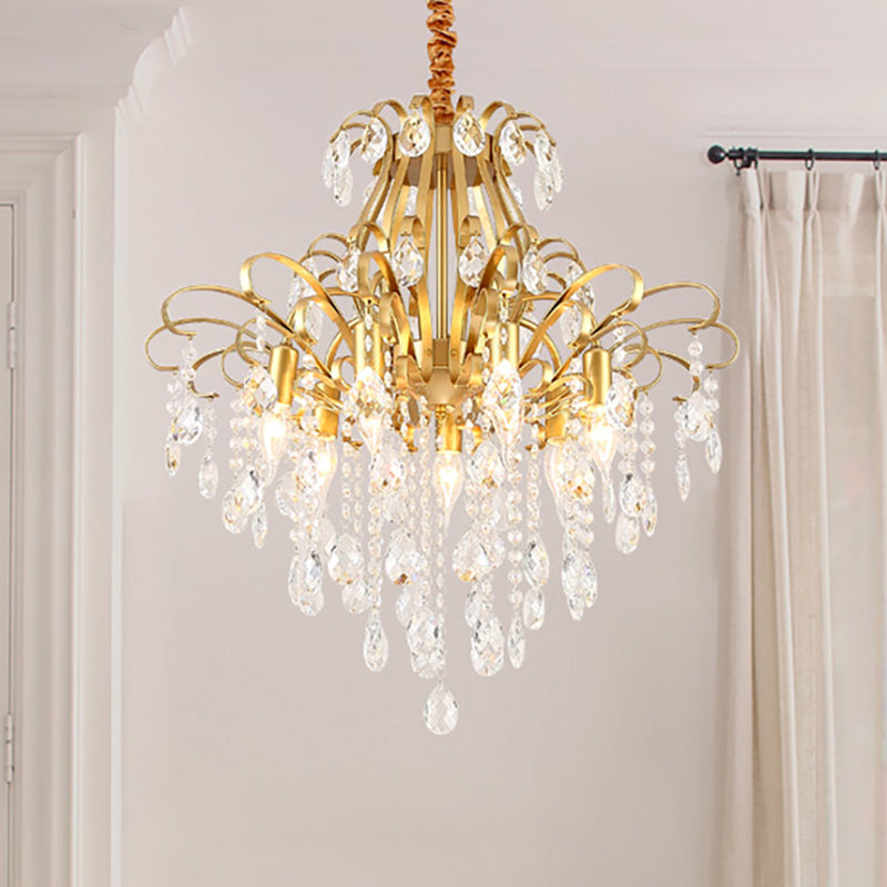 Gold Curved Arm Suspension Light Modern 3/7 Lights Crystal Drip Chandelier Light Fixture for Living Room 7 Gold Clearhalo 'Ceiling Lights' 'Chandeliers' Lighting' options 250448_165d8e07-238b-4105-b4ad-9aef363672f2