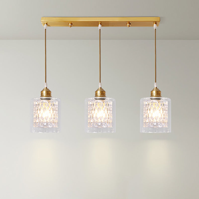 Cylinder Pendant Light with Prismatic Glass Shade Inner Modern 3 Lights Brass Ceiling Light with Linear/Round Canopy Clearhalo 'Ceiling Lights' 'Chandeliers' 'Glass shade' 'Glass' 'Modern Pendants' 'Modern' 'Pendant Lights' 'Pendants' Lighting' 250472