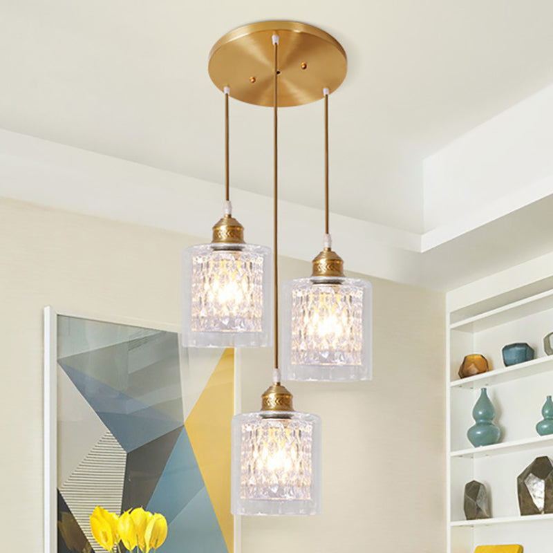 Cylinder Pendant Light with Prismatic Glass Shade Inner Modern 3 Lights Brass Ceiling Light with Linear/Round Canopy Brass Round Clearhalo 'Ceiling Lights' 'Chandeliers' 'Glass shade' 'Glass' 'Modern Pendants' 'Modern' 'Pendant Lights' 'Pendants' Lighting' 250473