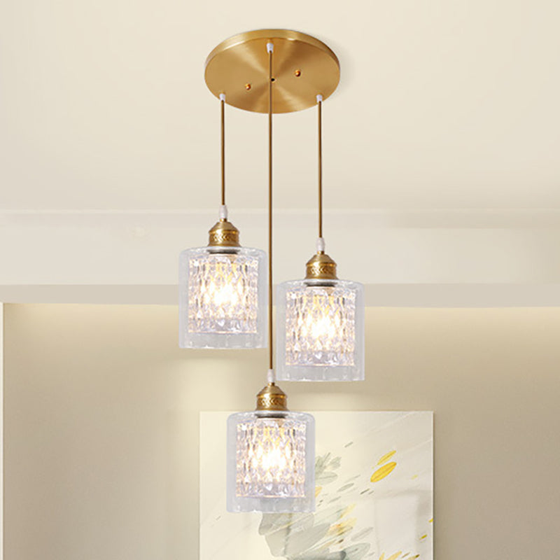 Cylinder Pendant Light with Prismatic Glass Shade Inner Modern 3 Lights Brass Ceiling Light with Linear/Round Canopy Clearhalo 'Ceiling Lights' 'Chandeliers' 'Glass shade' 'Glass' 'Modern Pendants' 'Modern' 'Pendant Lights' 'Pendants' Lighting' 250474
