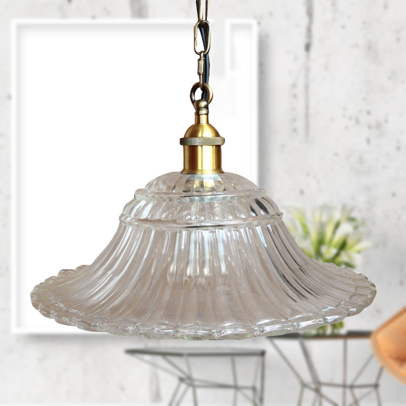 1 Light Scalloped Pendant Lighting Fixture Vintage Brass Ribbed Glass Hanging Ceiling Light Clear Clearhalo 'Ceiling Lights' 'Close To Ceiling Lights' 'Glass shade' 'Glass' 'Industrial Pendants' 'Industrial' 'Middle Century Pendants' 'Pendant Lights' 'Pendants' 'Tiffany' Lighting' 250481