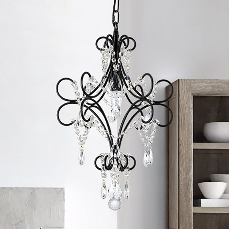 Curve Arm Pendant Light Antique Iron 1 Light Black Hanging Ceiling Light with Crystal Accent Black Clearhalo 'Ceiling Lights' 'Modern Pendants' 'Modern' 'Pendant Lights' 'Pendants' Lighting' 250500