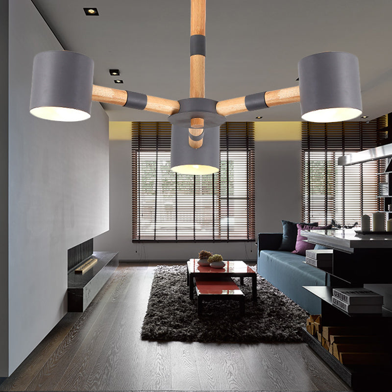 Cylinder Shade Boys Bedroom Chandelier Metal Wood Nordic Modern Hanging Light Grey Clearhalo 'Ceiling Lights' 'Chandeliers' Lighting' options 250507_31cc0c94-7f81-48fa-8b02-7443d373a825