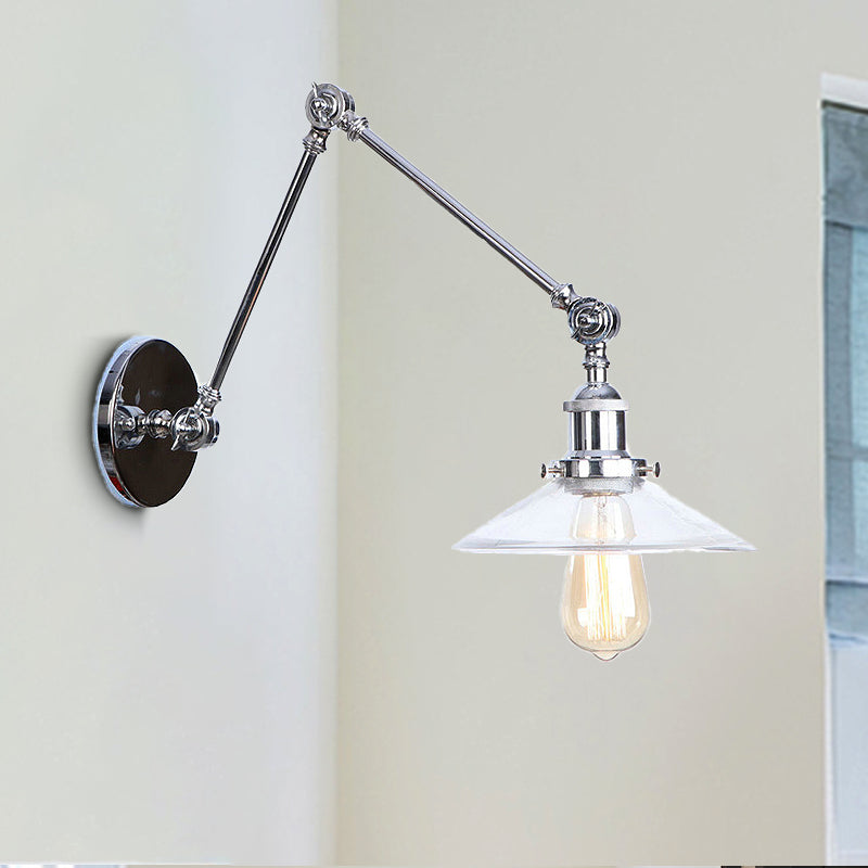 Clear Glass Tapered Wall Sconce Vintage Style 1 Light Living Room Lighting Fixture in Chrome Clear Clearhalo 'Art deco wall lights' 'Cast Iron' 'Glass' 'Industrial wall lights' 'Industrial' 'Middle century wall lights' 'Modern' 'Rustic wall lights' 'Tiffany' 'Traditional wall lights' 'Wall Lamps & Sconces' 'Wall Lights' Lighting' 250514