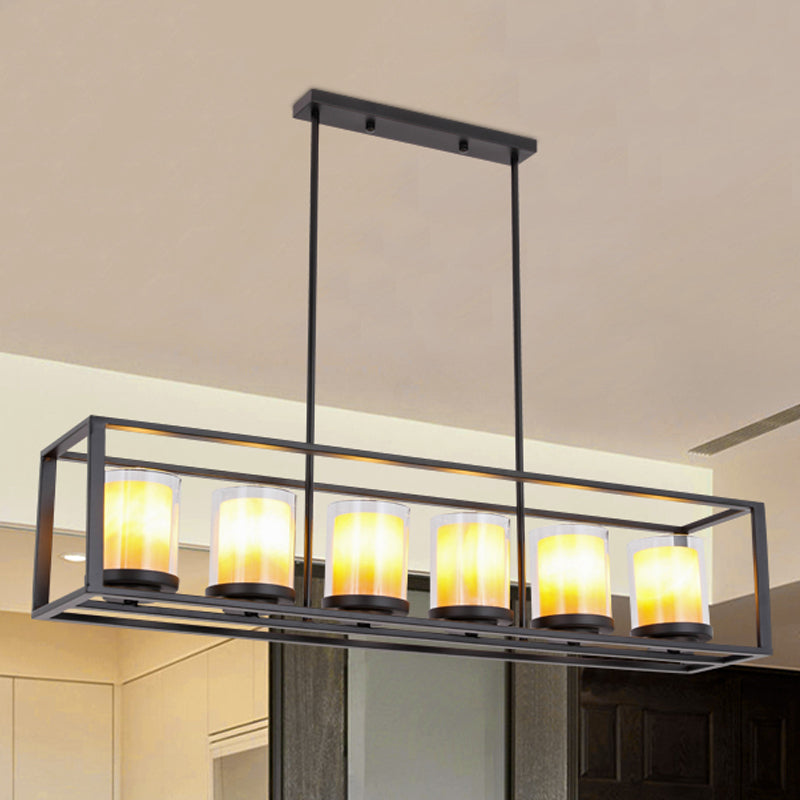 Amber Cylinder Island Light Fixture Industrial Clear Glass and Marble 3/5/6-Bulb Kitchen Hanging Lamp with Rectangle Frame 6 Amber Clearhalo 'Ceiling Lights' 'Glass shade' 'Glass' 'Island Lights' Lighting' 250520