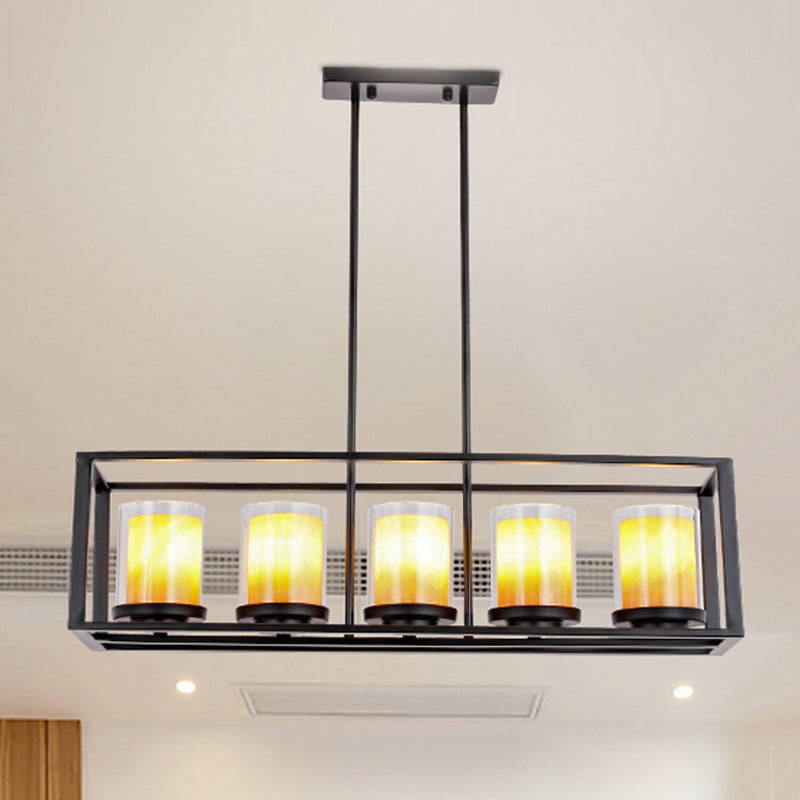 Amber Cylinder Island Light Fixture Industrial Clear Glass and Marble 3/5/6-Bulb Kitchen Hanging Lamp with Rectangle Frame 5 Amber Clearhalo 'Ceiling Lights' 'Glass shade' 'Glass' 'Island Lights' Lighting' 250522