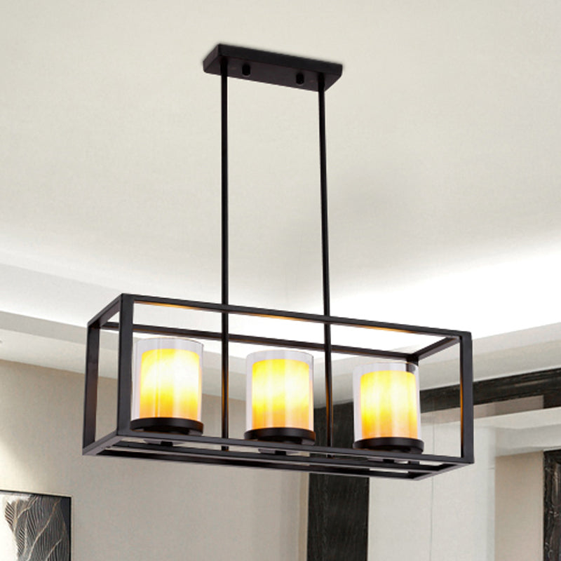 Amber Cylinder Island Light Fixture Industrial Clear Glass and Marble 3/5/6-Bulb Kitchen Hanging Lamp with Rectangle Frame 3 Amber Clearhalo 'Ceiling Lights' 'Glass shade' 'Glass' 'Island Lights' Lighting' 250524