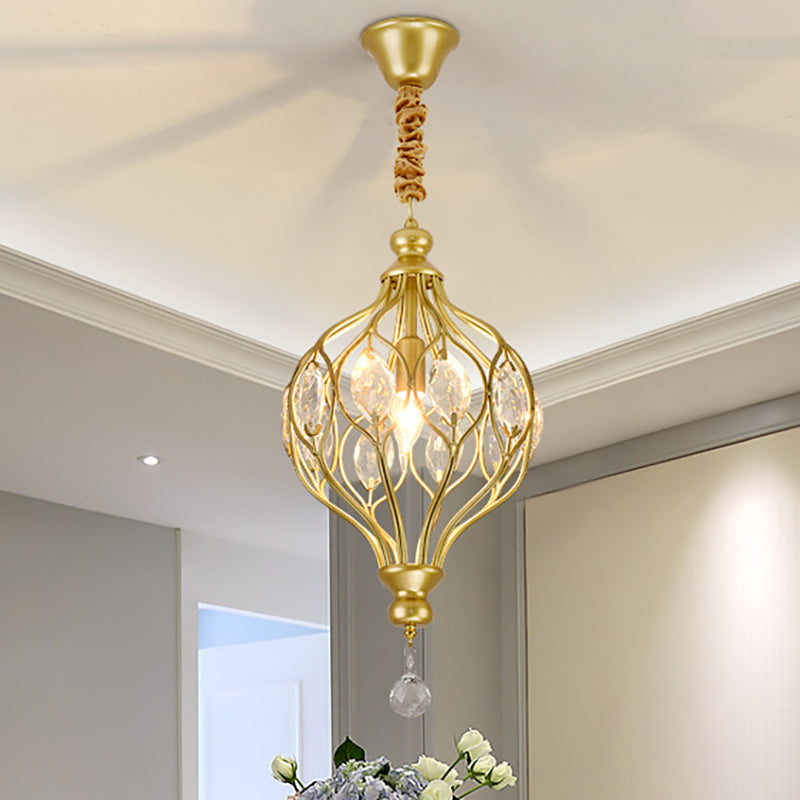 Wire Cage Pendant Light Fixture Contemporary Metal 1 Light Black/Brass Pendulum Light with Crystal Accent Brass Clearhalo 'Ceiling Lights' 'Modern Pendants' 'Modern' 'Pendant Lights' 'Pendants' Lighting' 250528