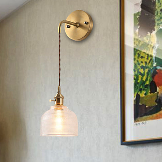 Brass One Light Sconce Light Industrial Clear Textured Glass Dome Lighting Fixture Clear Clearhalo 'Cast Iron' 'Glass' 'Industrial' 'Modern wall lights' 'Modern' 'Tiffany' 'Traditional wall lights' 'Wall Lamps & Sconces' 'Wall Lights' Lighting' 250532