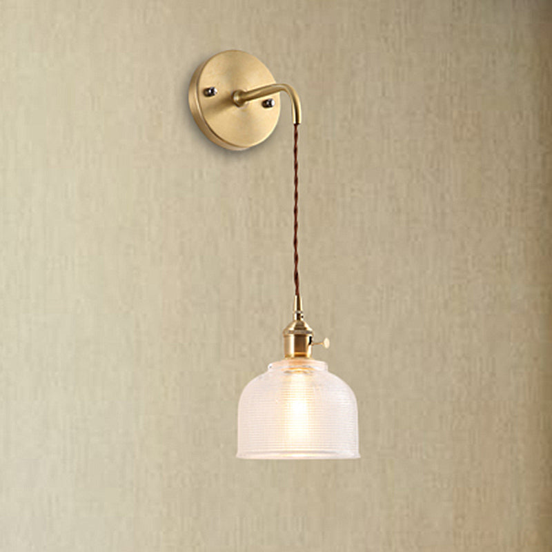 Brass One Light Sconce Light Industrial Clear Textured Glass Dome Lighting Fixture Clearhalo 'Cast Iron' 'Glass' 'Industrial' 'Modern wall lights' 'Modern' 'Tiffany' 'Traditional wall lights' 'Wall Lamps & Sconces' 'Wall Lights' Lighting' 250533