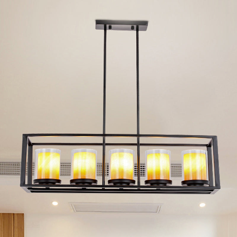 3/5/6 Lights Island Pendant Loft Rectangle White Glass Hanging Lamp in Black for Kitchen 5 Black Clearhalo 'Ceiling Lights' 'Island Lights' Lighting' 250541