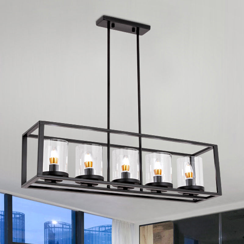 3/5/6 Lights Island Pendant Loft Rectangle White Glass Hanging Lamp in Black for Kitchen Clearhalo 'Ceiling Lights' 'Island Lights' Lighting' 250542