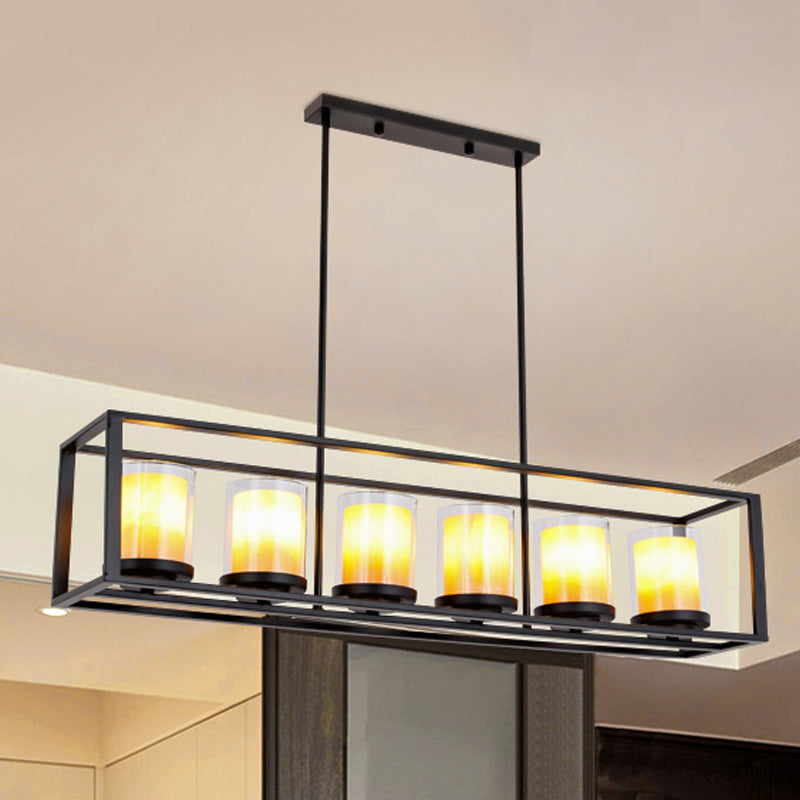 3/5/6 Lights Island Pendant Loft Rectangle White Glass Hanging Lamp in Black for Kitchen 6 Black Clearhalo 'Ceiling Lights' 'Island Lights' Lighting' 250544