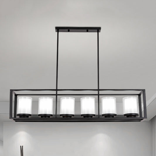 3/5/6 Lights Island Pendant Loft Rectangle White Glass Hanging Lamp in Black for Kitchen Clearhalo 'Ceiling Lights' 'Island Lights' Lighting' 250545