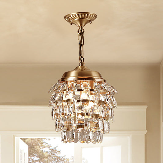 Postmodern 5 Tiers Faceted Clear Glass Chandelier Lamp 3 Lights Suspension Light in Gold Gold Clearhalo 'Ceiling Lights' 'Chandeliers' 'Modern Chandeliers' 'Modern' Lighting' 250574