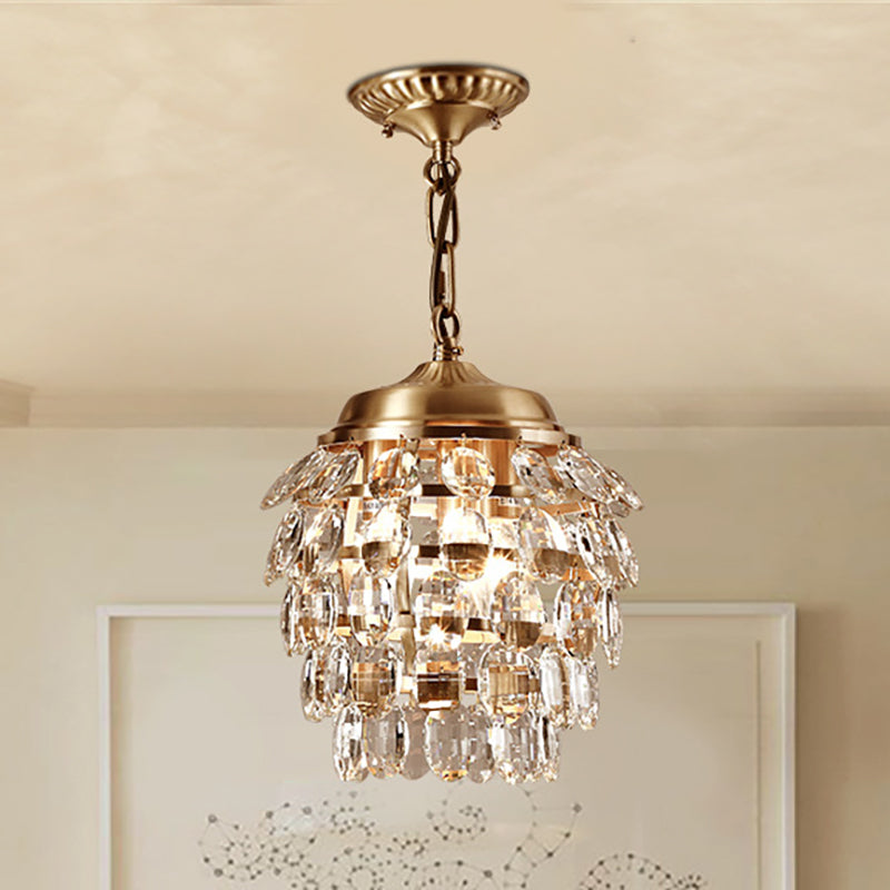 Postmodern 5 Tiers Faceted Clear Glass Chandelier Lamp 3 Lights Suspension Light in Gold Clearhalo 'Ceiling Lights' 'Chandeliers' 'Modern Chandeliers' 'Modern' Lighting' 250575