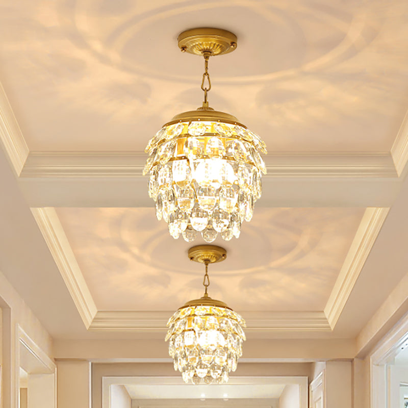 Five Tiers Fayer Chandelier Light Fixture Faceted Clear Glass 3 Lights Postmodern Hanging Lamp Kit in Gold Clearhalo 'Ceiling Lights' 'Chandeliers' 'Modern Chandeliers' 'Modern' Lighting' 250583