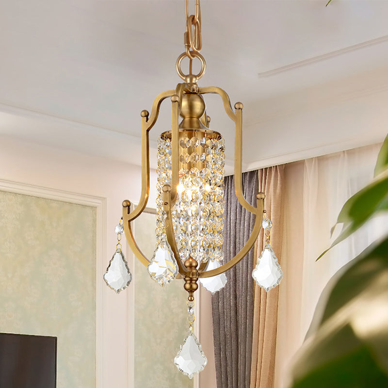 Lantern Frame Ceiling Pendant Vintage Metal 1 Light Brass Hanging Lamp Kit with Crystal Accent Brass Clearhalo 'Ceiling Lights' 'Glass shade' 'Glass' 'Modern Pendants' 'Modern' 'Pendant Lights' 'Pendants' Lighting' 250605