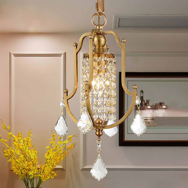 Lantern Frame Ceiling Pendant Vintage Metal 1 Light Brass Hanging Lamp Kit with Crystal Accent Clearhalo 'Ceiling Lights' 'Glass shade' 'Glass' 'Modern Pendants' 'Modern' 'Pendant Lights' 'Pendants' Lighting' 250606