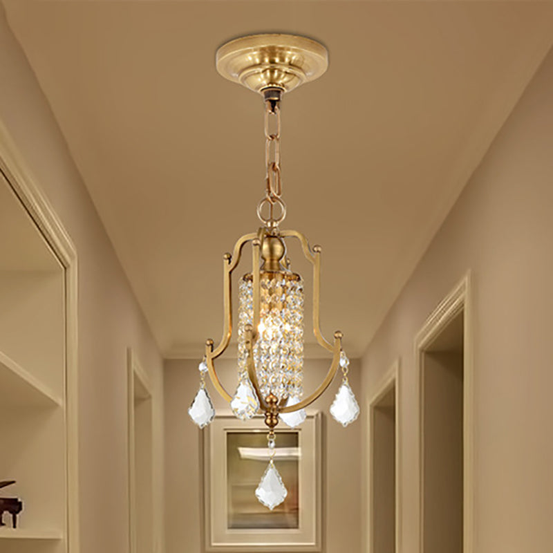 Lantern Frame Ceiling Pendant Vintage Metal 1 Light Brass Hanging Lamp Kit with Crystal Accent Clearhalo 'Ceiling Lights' 'Glass shade' 'Glass' 'Modern Pendants' 'Modern' 'Pendant Lights' 'Pendants' Lighting' 250607