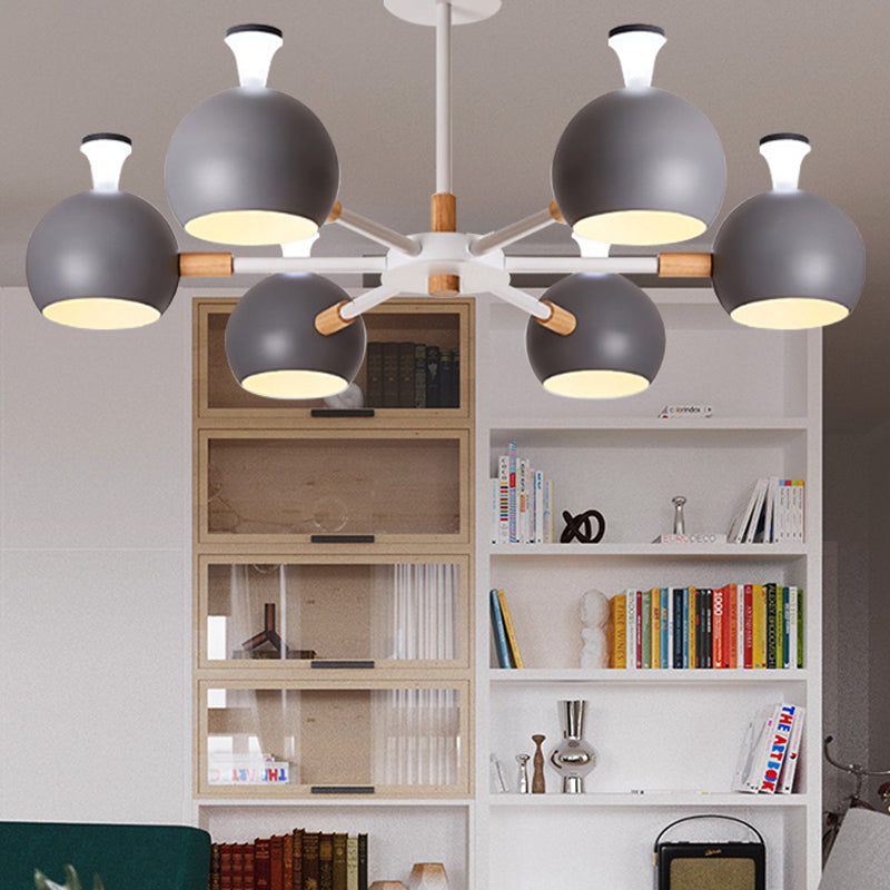 Nursing Room Snowflake Chandelier with Spherical Shade Wood 6-Head Ceiling Pendant Grey Clearhalo 'Ceiling Lights' 'Chandeliers' Lighting' options 250698_3f6c747c-4492-4262-b4cc-26f873485975