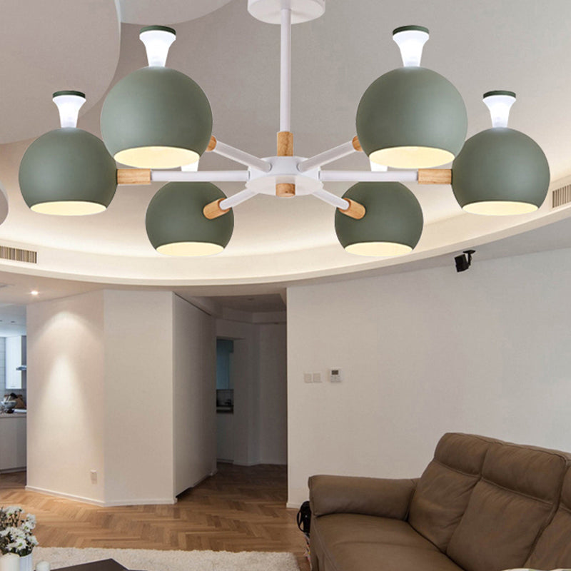 Nursing Room Snowflake Chandelier with Spherical Shade Wood 6-Head Ceiling Pendant Green Clearhalo 'Ceiling Lights' 'Chandeliers' Lighting' options 250702_ebb5e17f-2302-4c99-9816-b35a17130a3d