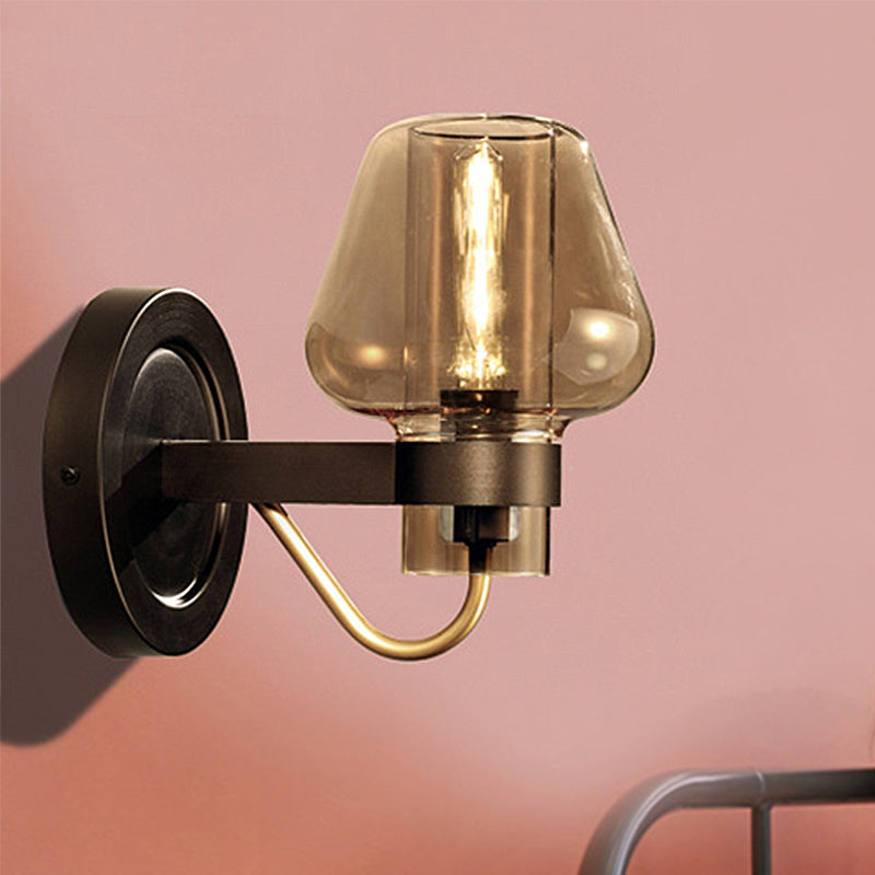 1 Light Amber Glass Wall Sconce Light Modern Black Mushroom Bedroom Lighting Fixture Clearhalo 'Cast Iron' 'Glass' 'Industrial' 'Modern wall lights' 'Modern' 'Tiffany' 'Traditional wall lights' 'Wall Lamps & Sconces' 'Wall Lights' Lighting' 250734